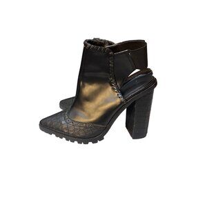 Asos 6 Black Faux Leather Croc Embossed Block Heeled Ankle Boots With Elastic St